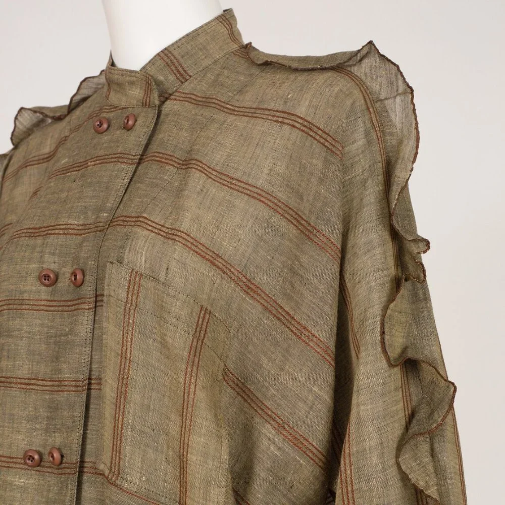 1980s Vintage Japanese Avant Garde Striped Beige Linen Tunic Top & Skirt Set - Picture 2 of 6